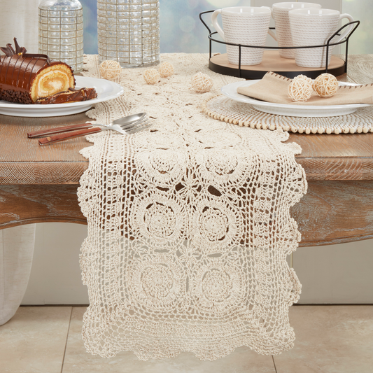 869 - Beige Medallion Hand Crocheted 16"x54" Cotton Table Runner