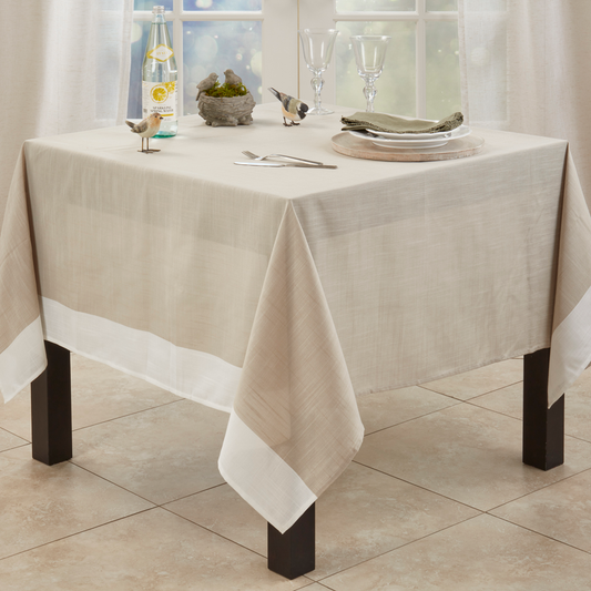 712 - White Banded Natural Tablecloth