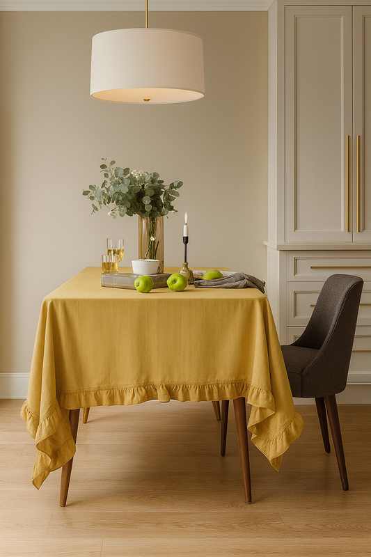 TBL0040 - Yellow French Embroidered Ruffled Cotton Tablecloth