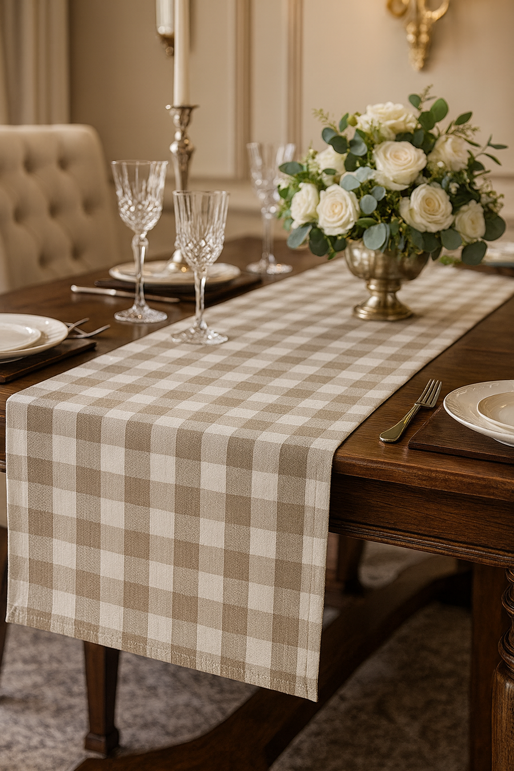 TBL0026 - Classic Gingham Khaki & White Table Runner