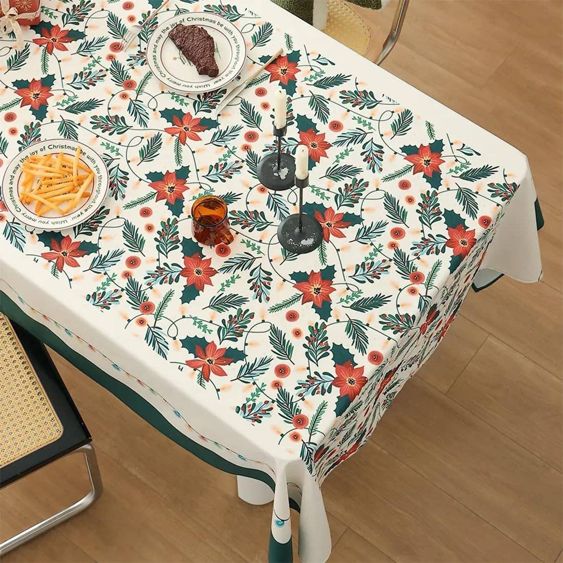 TBL0071 - Green Multi Poinsettia & Lights Christmas Design Tablecloth