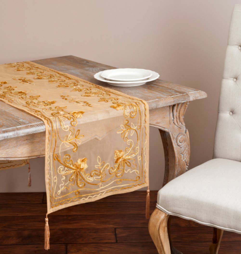 NA01 - Chenille Embroidered & Tasseled 16"X72" Table Runner