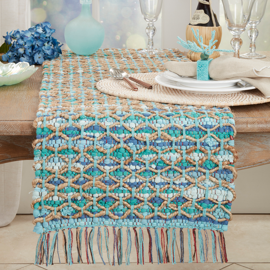 655 - Aqua Net Chindi 16"x72" Cotton Jute Table Runner