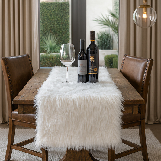 TBL0005 - White Faux Fur Silver Lurex Thread Table Runner