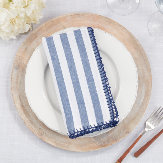 7041 - White & Blue Striped Whipstitch Cotton 20" Cloth Napkin