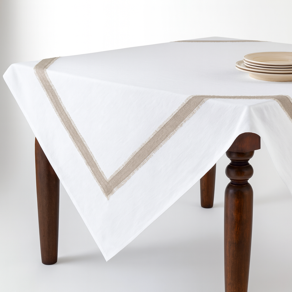 7001 - White Crisp Natural Banded Linen Tablecloth