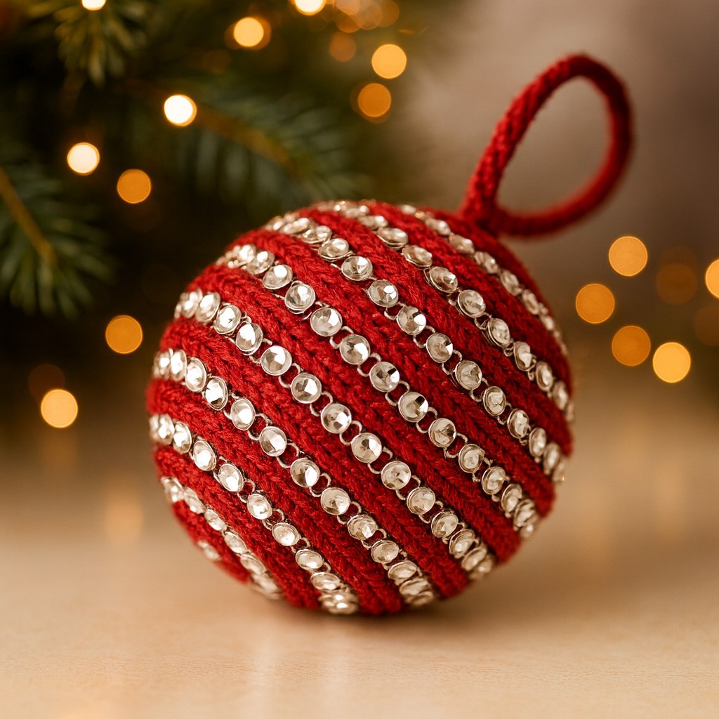 XD347 - 3" Rhinestones Jute Red Ball Ornament