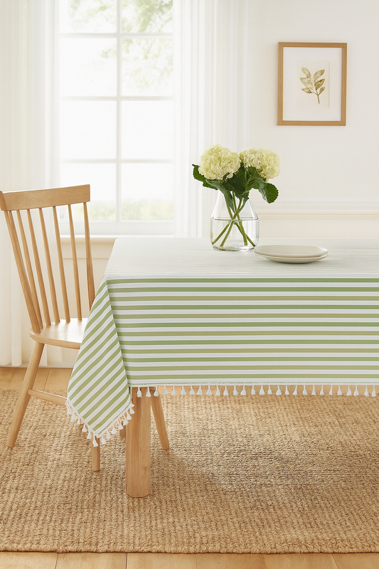 TBL0019 - Green Rustic Simply Striped Tasseled Cotton Blend Tablecloth