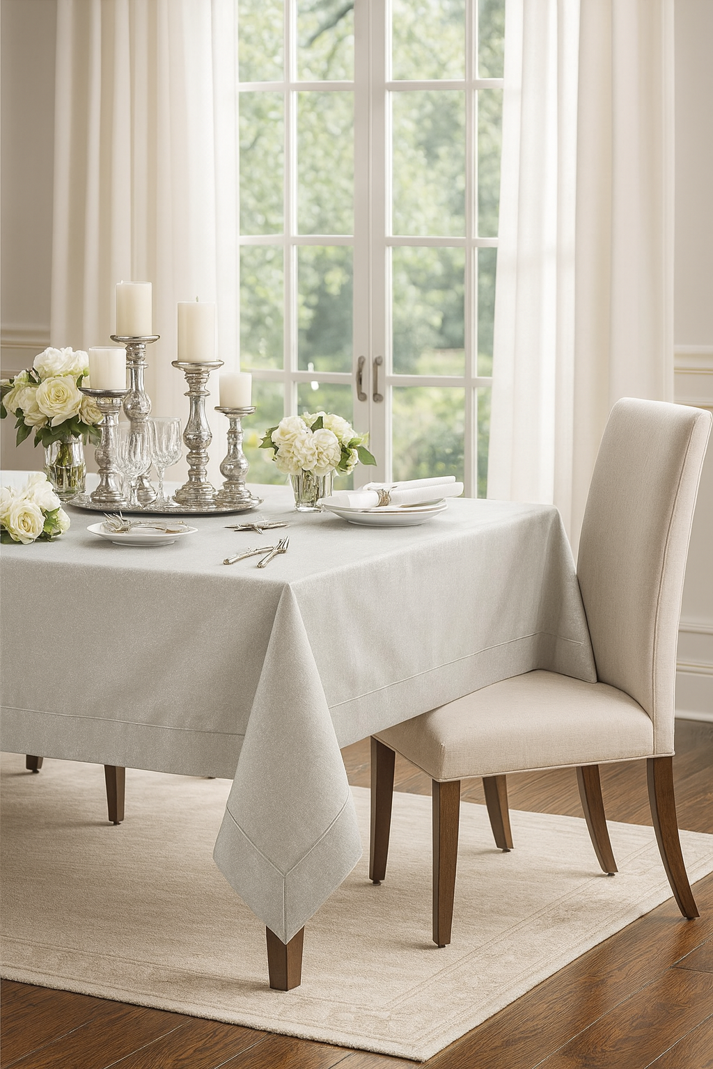 9110 - Silver Metallic Piping Shimmering Grey Tablecloth 65"x104"