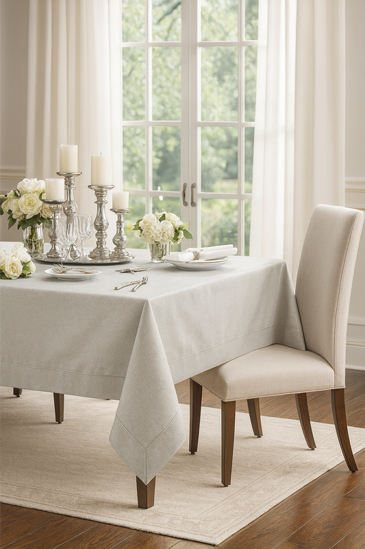 9110 - Silver Metallic Piping Shimmering Grey Tablecloth 65"x104"