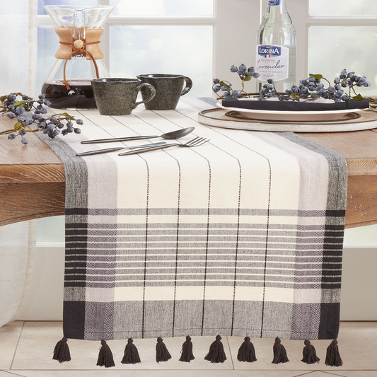 891 - Black-White Striped Tassel Cotton Table Runner