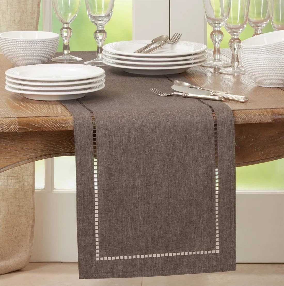 9738 - Charcoal Laser-Cut Hemstitch Table Runner