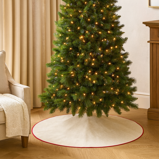XM731 - Natural Linen Blend Christmas Tree Skirt with Red Piping