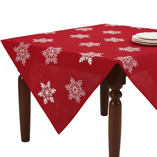 70196 - Embroidered White Snowflake Red 60" Square Tablecloth