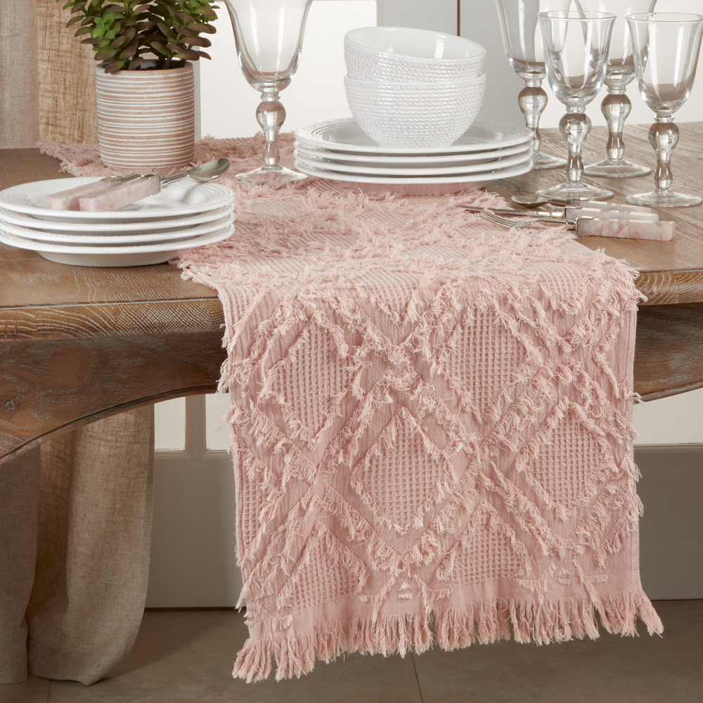 1877 - Rose Pink Fringe Waffle Weave Cotton Table Runner