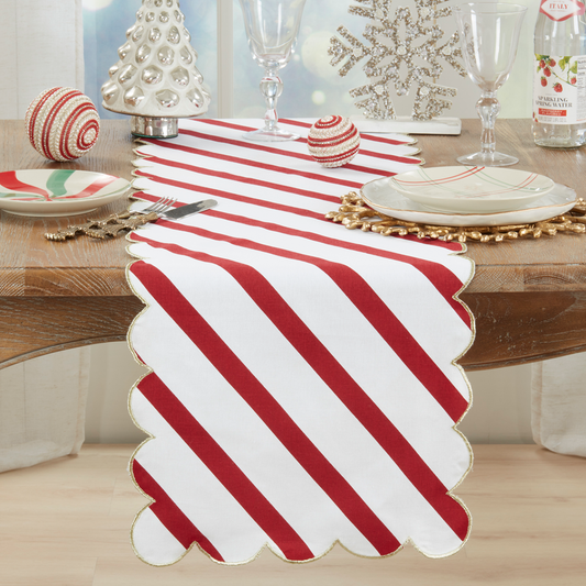 8125 - Red & White Striped Scalloped Table Runner with Gold Trim