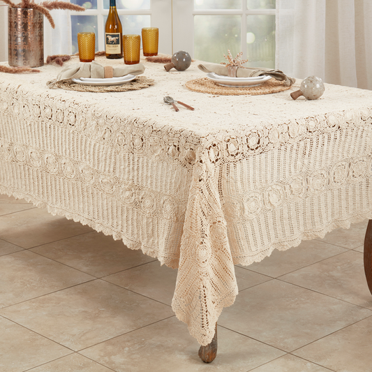 869 - Ecru Hand Crocheted Medallion Cotton Tablecloth