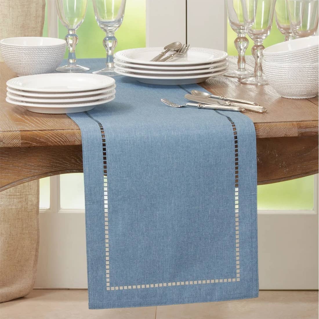 9738 - Denim Laser-Cut Hemstitch Table Runner
