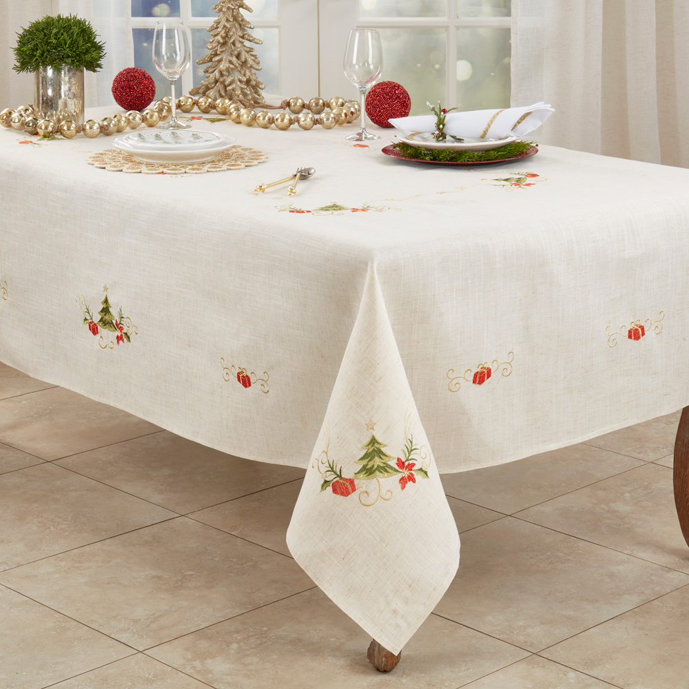1710 - Natural Embroidered Christmas Tablecloth