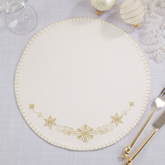 1134 - Gold Embroidered Snowflakes Cotton 14" Placemat
