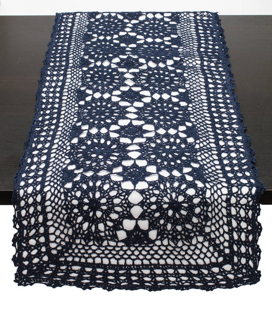RNR0001 - Navy Hand Crocheted Mandala Cotton Table Runner