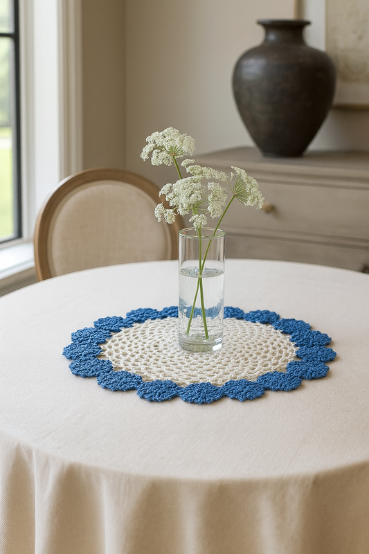 DL0002 - Hand Crocheted Blue-White Cotton 9" Round Doily