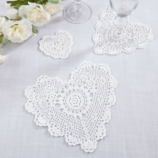 20003 - White Hand Crocheted Heart-Shaped Cotton Lace Cotton Doily