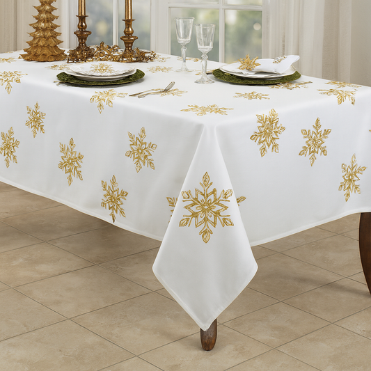 70197 - Gold Embroidered Snowflake White 60" Square Tablecloth