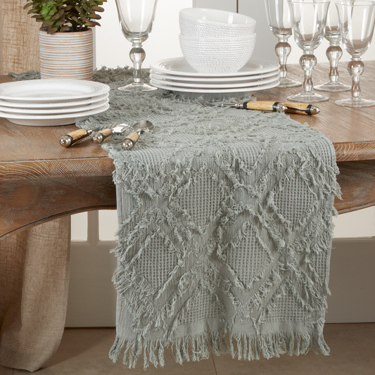 1877 - Blue-Grey Fringe Waffle Weave Cotton Table Runner