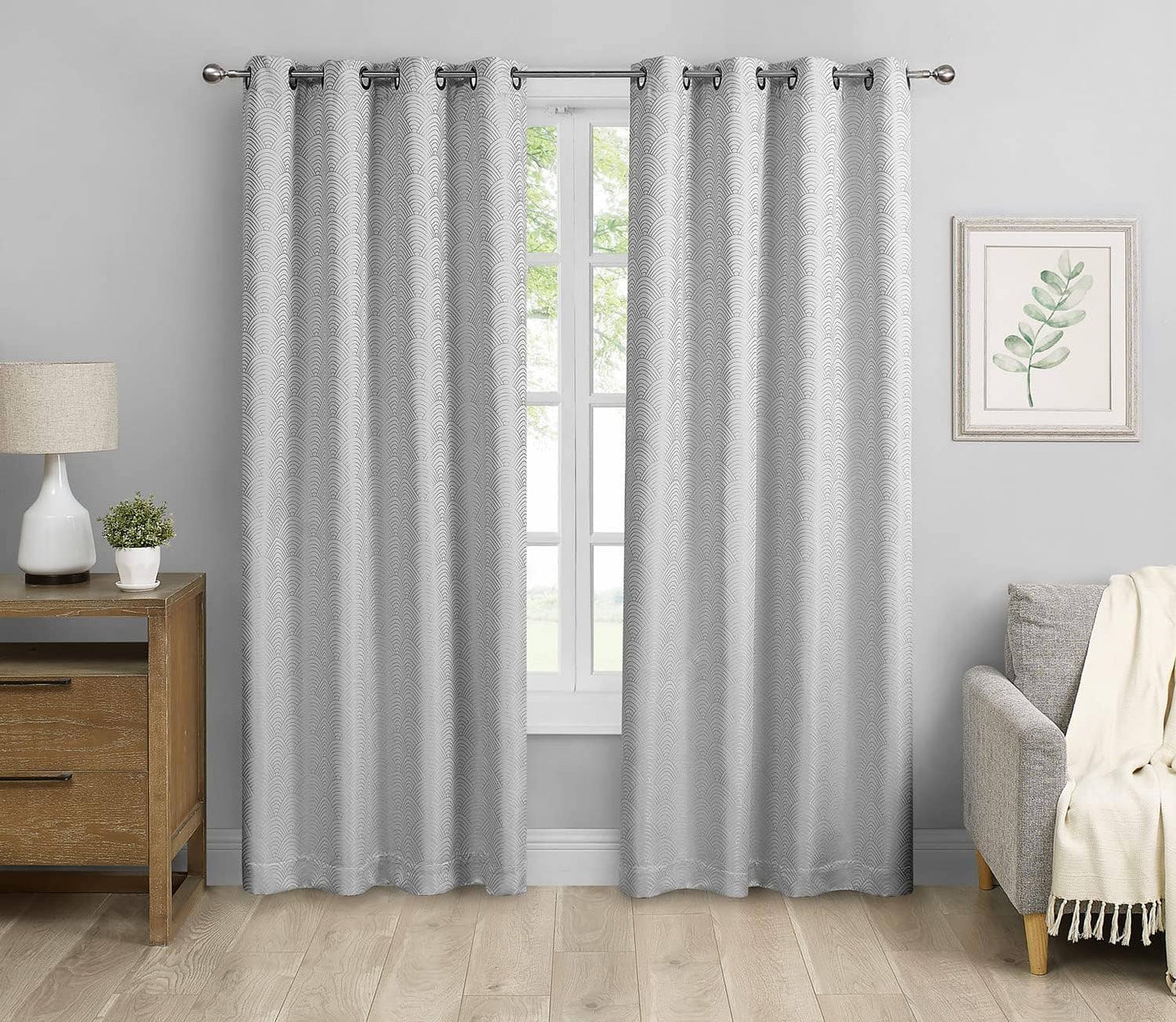 C123 - Set of Two Grey Grommet Top Scallop Blackout Curtains