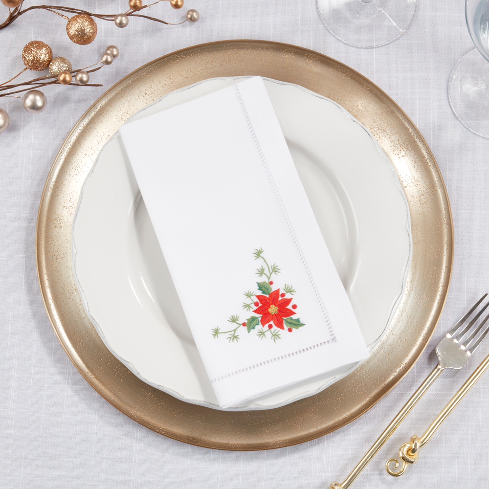NM205 - White Embroidered Poinsettia 20" Cotton Cloth Napkin