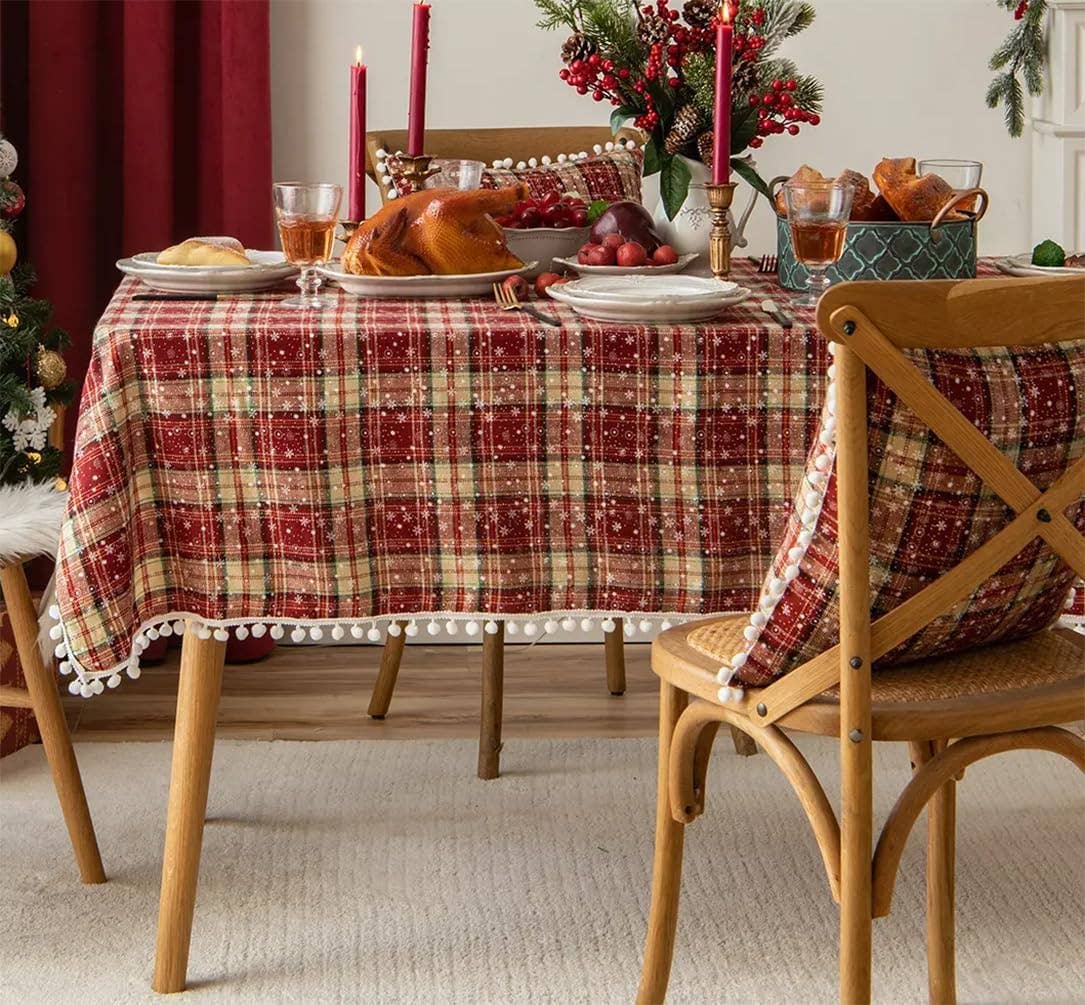 TBL0074 - Classic Plaid Snowflake Pompom Border Festive Tablecloth