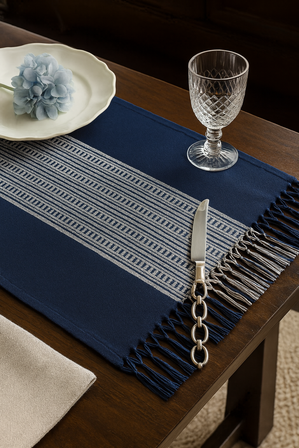 365 - Navy Blue Striped Cotton 14"x20" Placemat