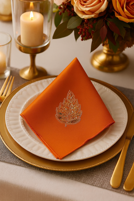TBL0054 - Terracotta Embroidered  Sequined Leaf 20" Cloth Napkin