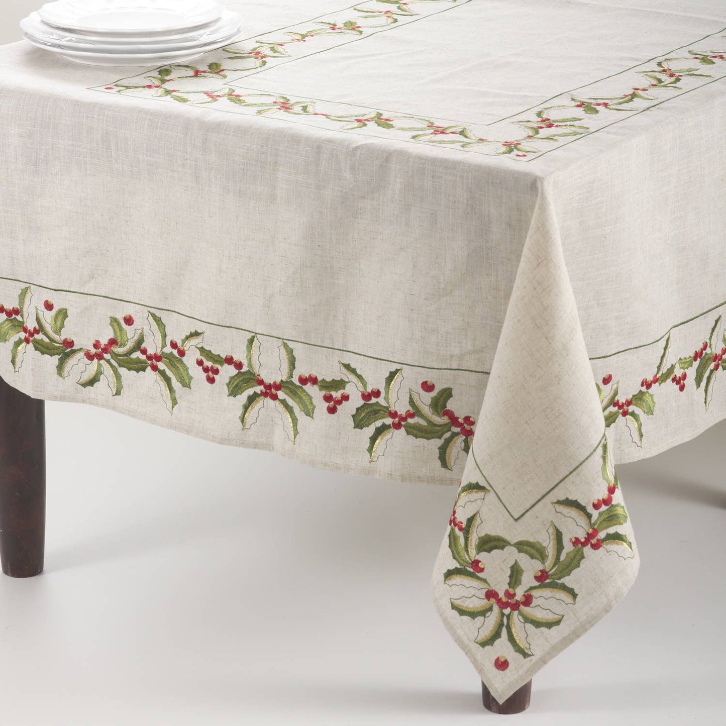 QX653 - Natural Embroidered Holly Design 67"x67" Tablecloth