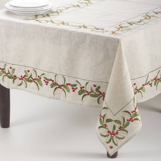 QX653 - Natural Embroidered Holly Design 67"x67" Tablecloth
