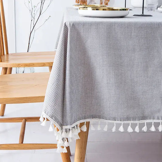 TBL0062 - Gray Gingham Plaid Tasseled Cotton Tablecloth