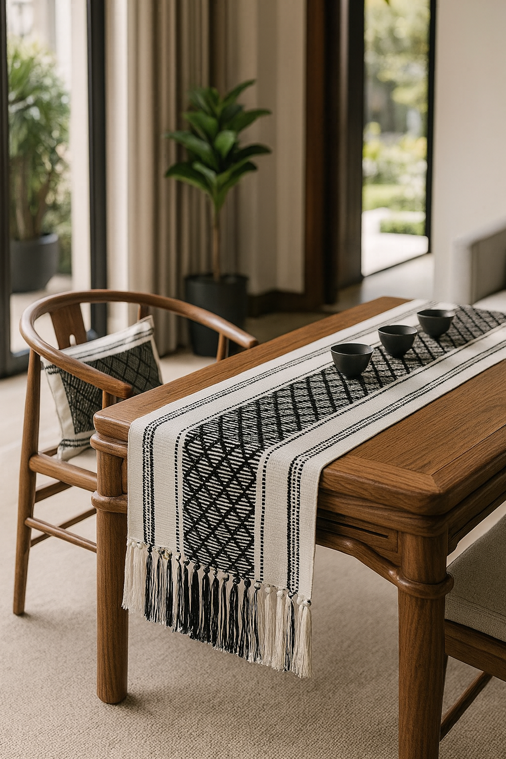 RNR0017 - Black Diamond Stitched Tasseled Cotton Blend Table Runner