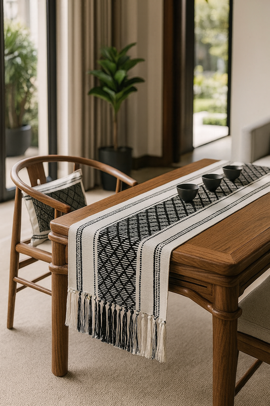 RNR0017 - Black Diamond Stitched Tasseled Cotton Blend Table Runner