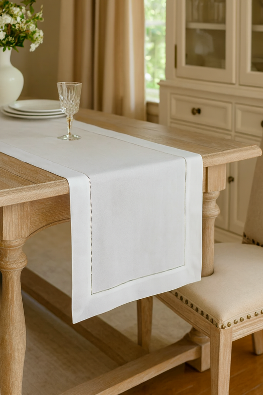 6100 - White Hemstitched Linen-Cotton Table Runner – 16" x 72"