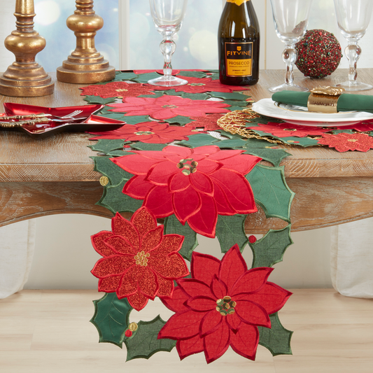 2030 - Red and Green Poinsettia Cutwork 14"X72" Table Runner