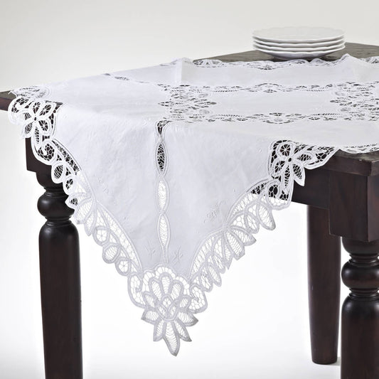 0356 - White Battenberg Embroidered 36" Square Cotton Tablecloth