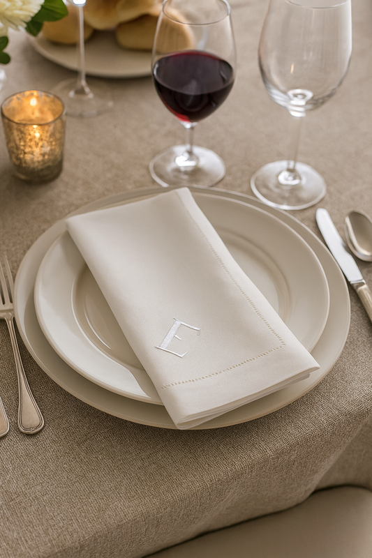 023E - White Hemstitched "E" Linen-Cotton 21" Dinner Napkin