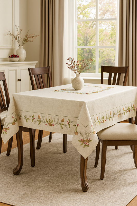 1851 - Embroidered Holly and Pinecone Linen-Poly Tablecloth