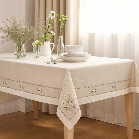 TBL0014 - Embroidered Daisy Flower Natural Tablecloth